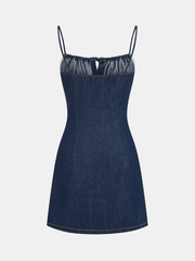 Drawstring Button Denim Cami Mini Dress