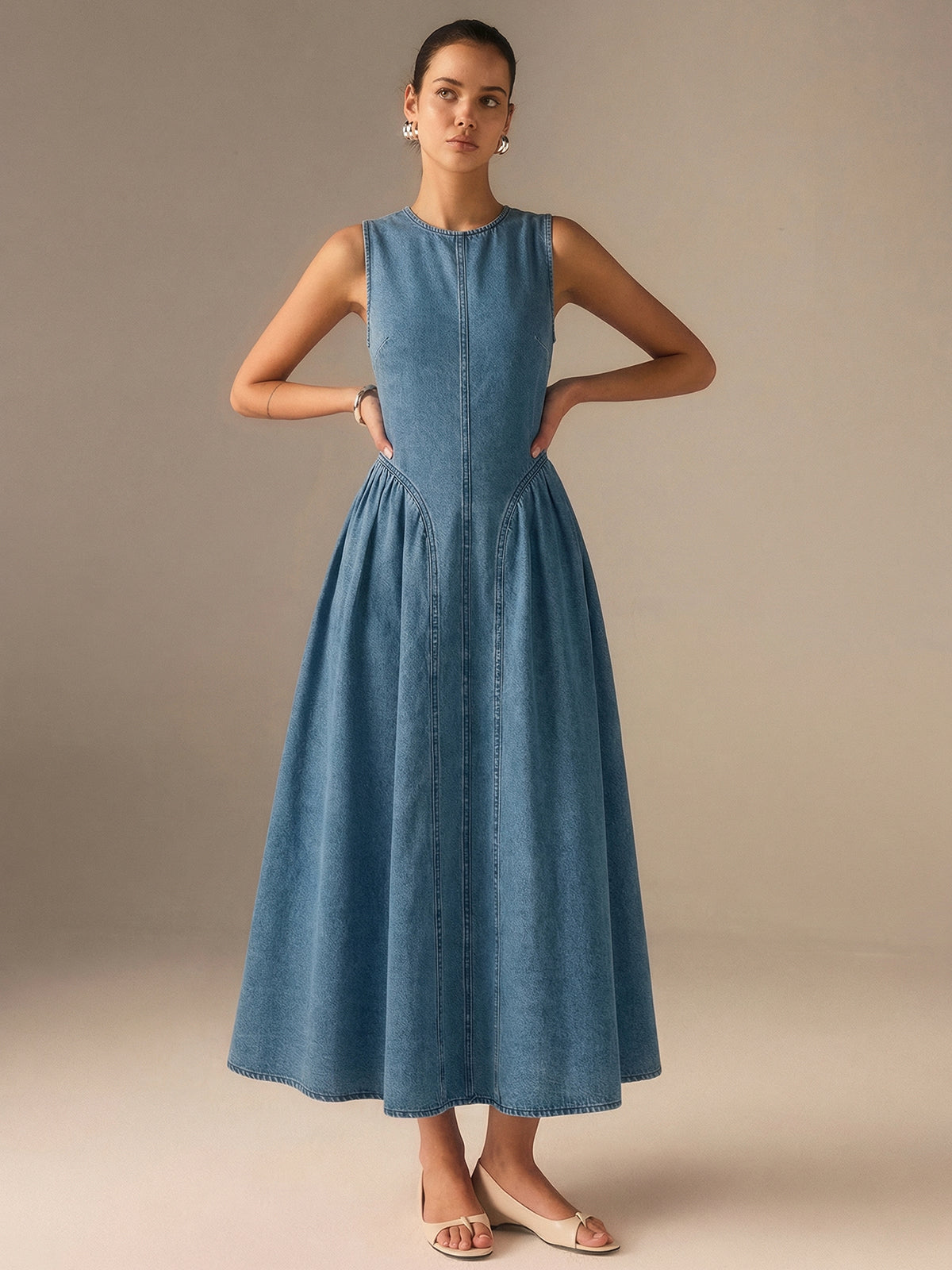 Denim Sleeveless Backless Maxi Dress