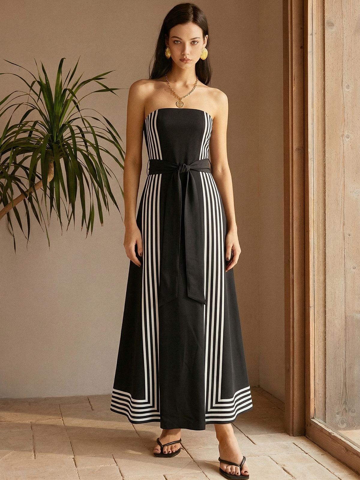 Strapless Striped Belted Midi Dress