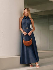 Halter Belted Collared Denim Maxi Dress