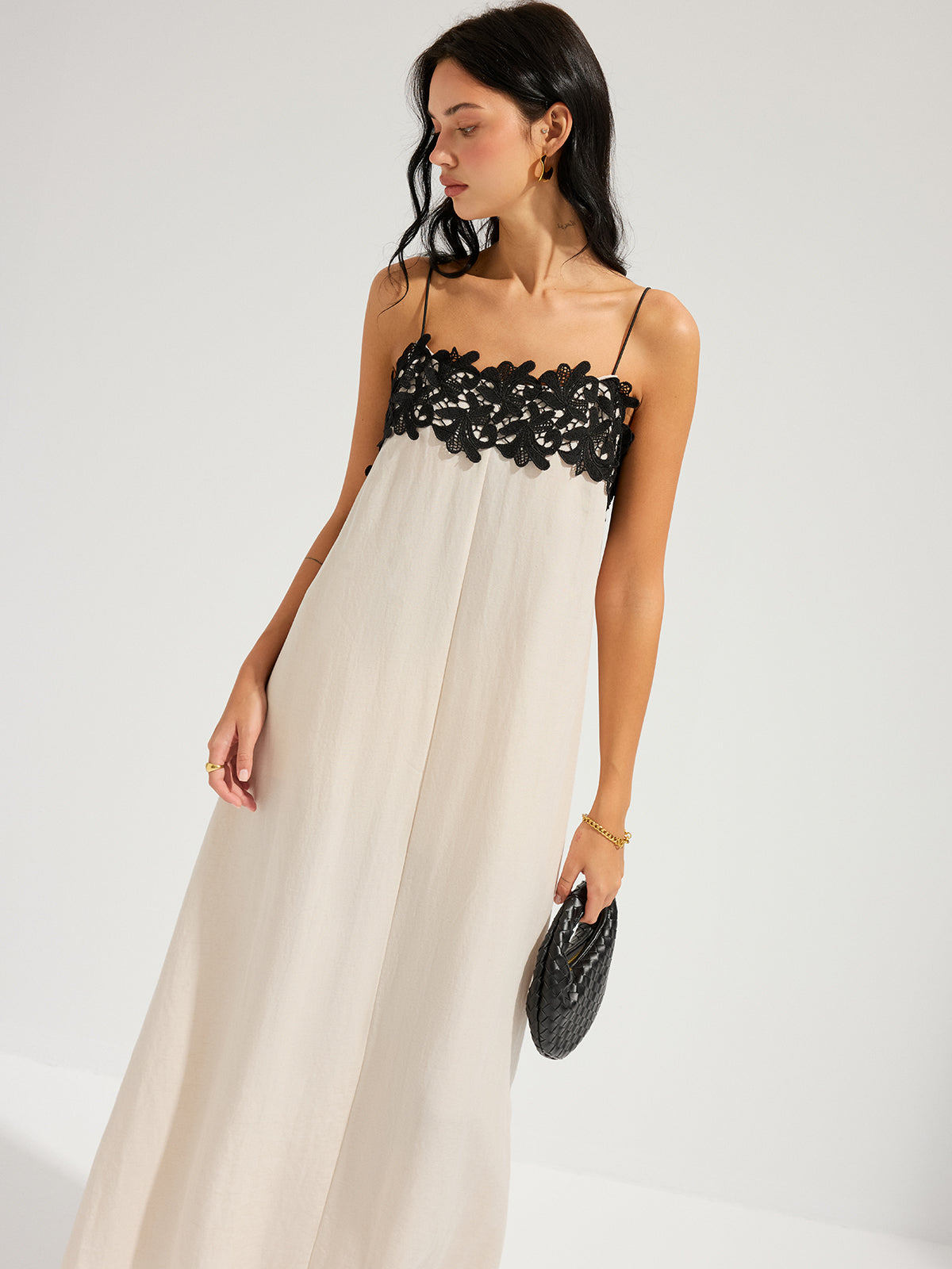 Lace Trim Linen-Blend Cami Maxi Dress