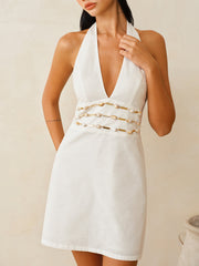 Cotton Linen Halter Shell Waist Mini Dress
