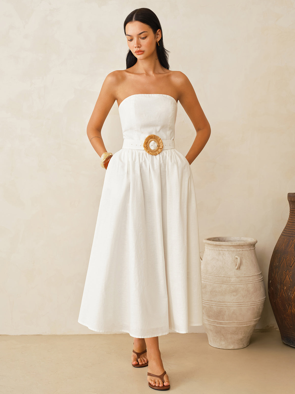 Strapless Cotton Linen Belted Maxi Dress