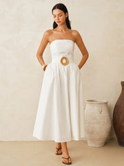 Strapless Cotton Linen Belted Maxi Dress
