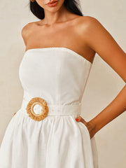 Strapless Cotton Linen Belted Maxi Dress