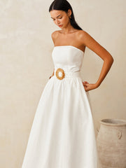 Strapless Cotton Linen Belted Maxi Dress