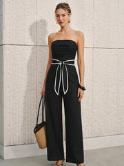 Linen-Blend Strapless Tie-Waist Wide Leg Jumpsuit