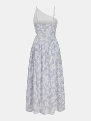 Asymmetric Striped Floral Embroidery Maxi Dress