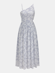 Asymmetric Striped Floral Embroidery Maxi Dress