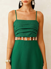 Linen-Blend Cutout Waist Cami Midi Dress