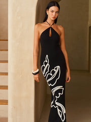 Leaf Embroidered Halter Maxi Dress