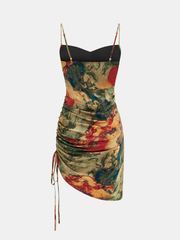 Abstract Print Ruched Drawstring Cami Mini Dress