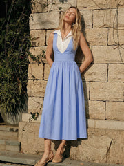 Cotton Blend Sleeveless Collared Maxi Dress