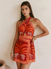 Tropical Print Halter Wrap Mini Dress