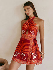 Tropical Print Halter Wrap Mini Dress