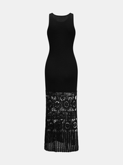Side Slit Crochet Hem Sleeveless Knit Maxi Dress