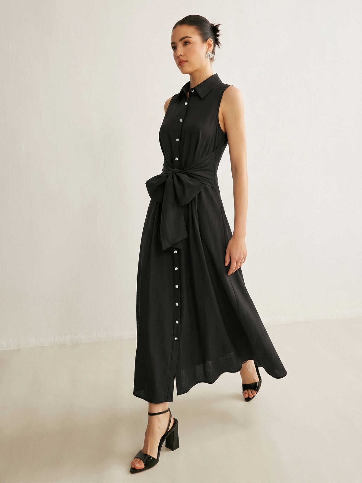 Sleeveless Tie-Waist Shirt Dress