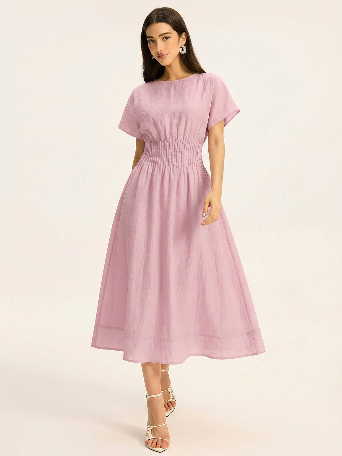 Short Sleeve Smocked Waist Midi Dress
