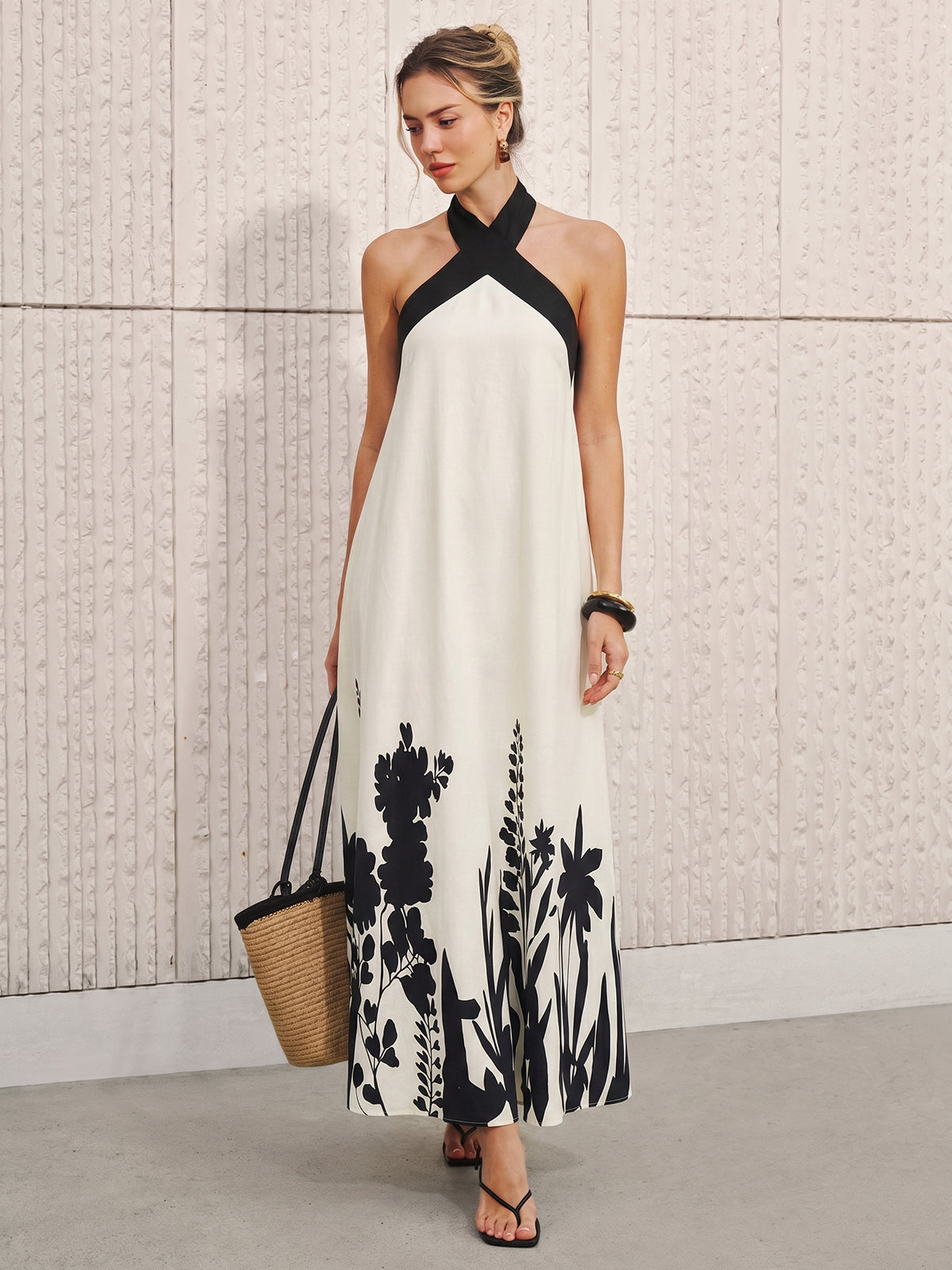Halter Neck Floral Print Midi Dress