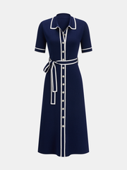 Contrast Trim Belted Short Sleeve Knit Dress