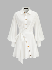 Cotton Tie-Waist Long Sleeve Shirt Dress
