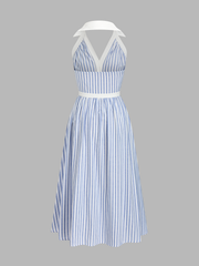 Striped Cotton Blend Collared Halter Midi Dress