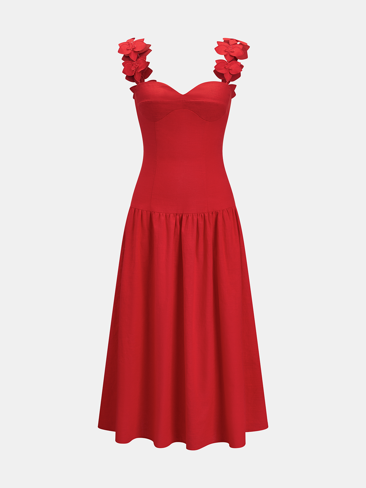 Flower Strap Cotton Linen Midi Dress