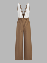 Color-Block Cotton Linen Wide Leg Jumpsuit