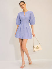 Striped Puff Sleeve Cotton Linen Mini Dress