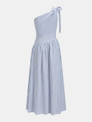 One Shoulder Striped Cotton Blend Maxi Dress
