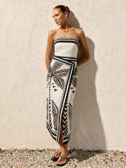 Palm Tree Print Strapless Wrap Maxi Dress