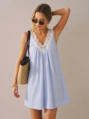 Striped Lace Trim V-Neck Mini Dress