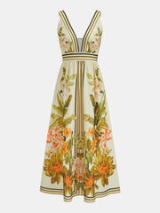 Tropical Floral Print Deep V-Neck Maxi Dress