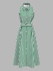 Striped Sleeveless Cotton Belted Midi Dress