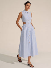 Sleeveless Cutout Striped Midi Shirt Dress