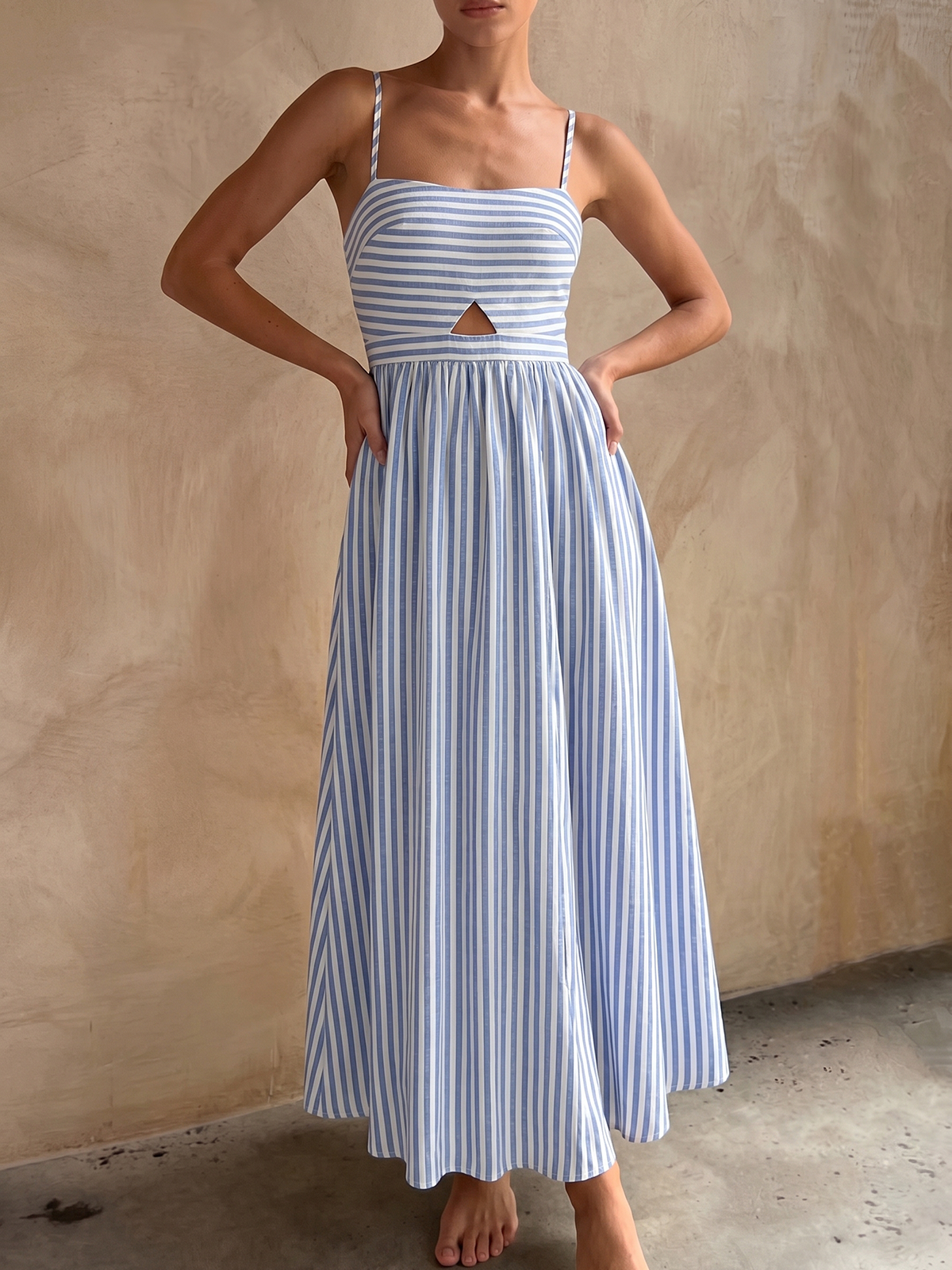 Striped Cutout Cotton Blend Cami Maxi Dress