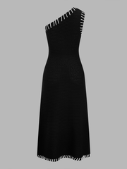Contrast Stitch Trim One Shoulder Knit Maxi Dress