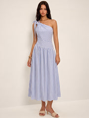 One Shoulder Striped Cotton Blend Maxi Dress