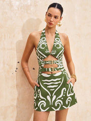 Printed Halter Cut Out Mini Dress