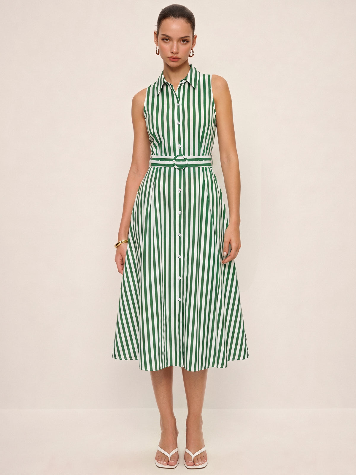 Striped Sleeveless Cotton Belted Midi Dress