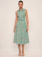 Striped Sleeveless Cotton Belted Midi Dress