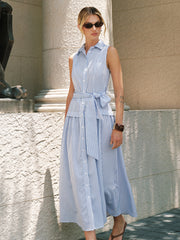 Striped Sleeveless Belted Maxi Shirt Dress