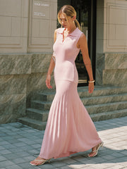 Polo Collar Sleeveless Ribbed Knit Maxi Dress