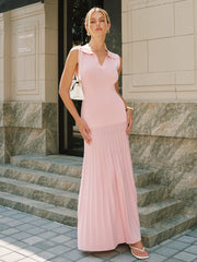 Polo Collar Sleeveless Ribbed Knit Maxi Dress
