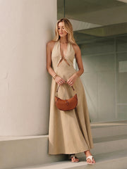 Cut-Out Linen-Blend Halter Maxi Dress