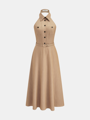 Collared Halter Backless Belted Maxi Dress