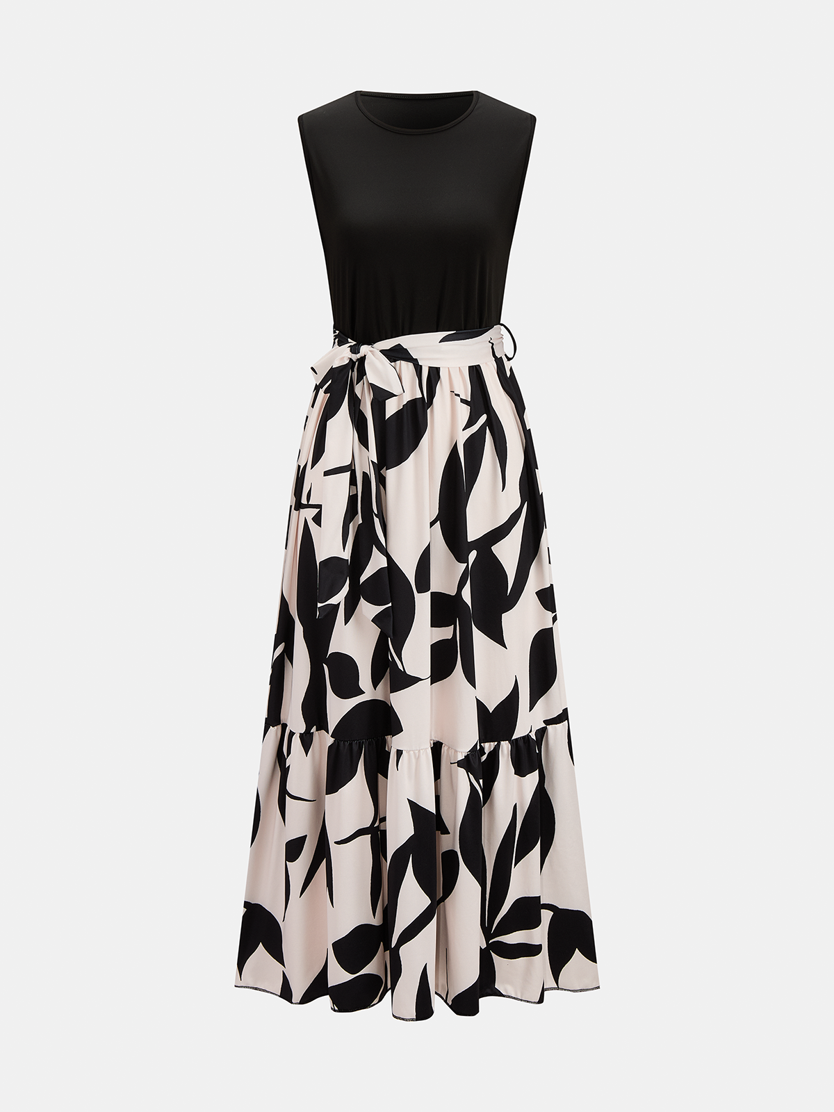 Sleeveless Leaf Print Tie Waist Maxi Dress