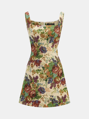 Vintage Floral Tapestry Square Neck Mini Dress