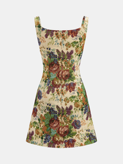 Vintage Floral Tapestry Square Neck Mini Dress