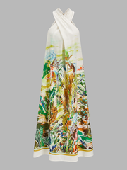 Cross-Neck Tropical Watercolor Print Maxi Dress